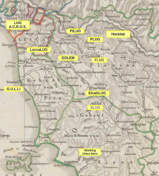 Una cartina della Toscana risalente a met&agrave; del 1800 circa con segnati i vari gruppi dedicati a GNU/Linux e al software libero. I dati della cartina sono dettagliati nella tabella che segue.